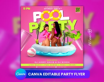 May include: A pink and green flyer with the text "POOL PARTY" in large, colorful letters. The flyer advertises a party with live music, fun games, and a free drink. The flyer also includes a QR code and the text "SCAN FOR RSVP".