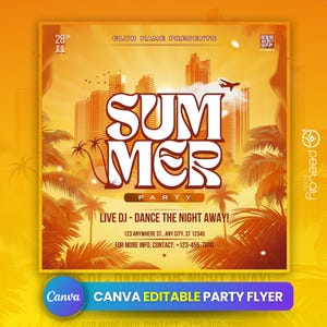 May include: A summer party flyer with a palm tree background and the text "SUM MER PARTY" in large, white letters. The flyer also includes the text "LIVE DJ - DANCE THE NIGHT AWAY!" and contact information.