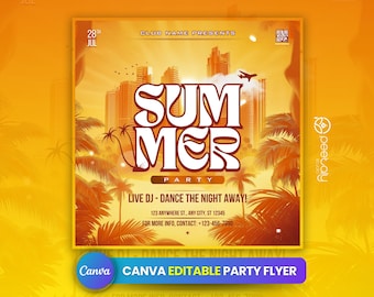 Może przedstawiać: Ulotka na letnią imprezę z tłem palmowym i tekstem "SUM MER PARTY" dużymi białymi literami. Ulotka zawiera również tekst "LIVE DJ - DANCE THE NIGHT AWAY!" i dane kontaktowe.