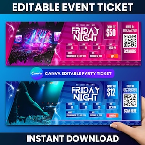 Bearbeitbare Party Ticket Canva Vorlage, druckbare Ereigniskarte, benutzerdefinierte Party-Einladung, Konzertkarte Digitaler Download