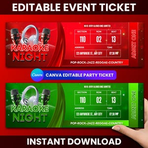 Bearbeitbare Karaoke Party Ticket Canva Vorlage, druckbare Karaoke-Einladung, benutzerdefiniertes digitales Ticket für Karaoke-Nacht, sofortiger Download