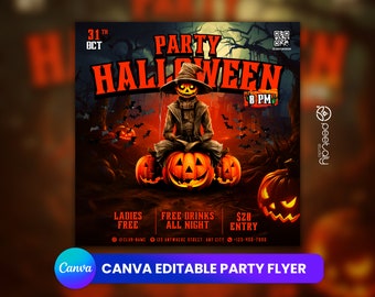 Plantilla editable para folletos de fiesta de Halloween y redes sociales (Canva)