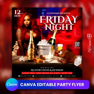 Editable Club Flyer Template For Canva, DIY Event Flyer, Party Flyer, Digital Birthday Flyer, DJ Party Invite for Social Media, Instagram