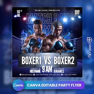 Puede incluir: Un folleto de combate de boxeo azul y negro con dos boxeadores en el ring. El folleto dice "Match Day" y "Boxer 1 vs Boxer 2" con la fecha "16th Jul" y la hora "9 AM".