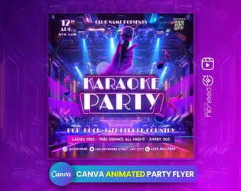 Könnte beinhalten: Ein animierter Flyer in Lila und Blau für eine Karaoke-Party am 12. August. Der Flyer zeigt ein Mikrofon, Noten und den Text "Karaoke Party".