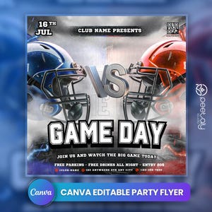 May include: A flyer for a game day party with a black and white graphic of two football helmets facing each other. The text "GAME DAY" is in large white letters with a black outline. The flyer includes the date "16th JUL" and the text "JOIN US AND WATCH THE BIG GAME TODAY".
