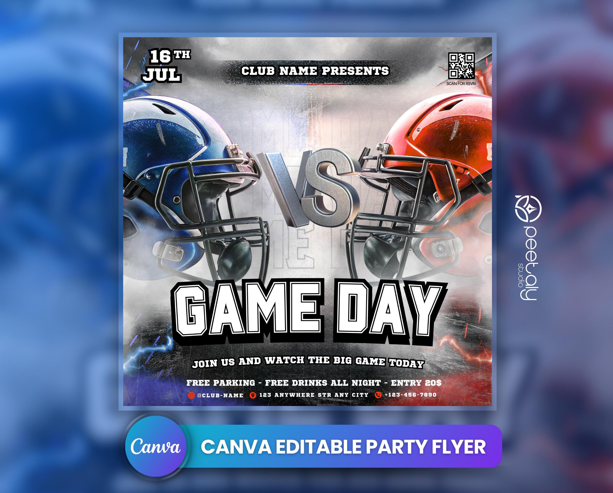 Canva 用ゲーム デー フットボール フライヤー テンプレート、DIY イベント フライヤー、パーティー フライヤー、デジタル ゲーム デー  フライヤー、ソーシャル メディアや Instagram 用 DJ パーティー招待状 - Etsy 日本, image size:2486x2000