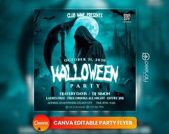 Plantilla editable para folletos de fiesta de Halloween y redes sociales (Canva)