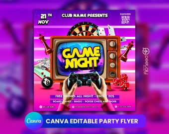 Folleto para fiesta de noche de juegos, invitación editable para redes sociales (plantilla de Canvas)