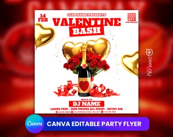 May include: A Valentine's Day party flyer with a red and white background. The flyer features a heart-shaped balloon, a bottle of champagne, and a bouquet of red roses. The text on the flyer reads "Valentine Bash" and "Music by DJ Name".
