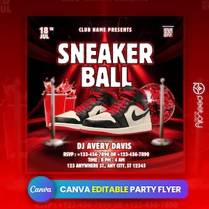 Sneaker Ball Geburtstagsfeier Flyer, Social Media Sneaker Ball Party bearbeitbare Einladung, DIY Canva Vorlage, Alle Sneaker Ball Gala Canva