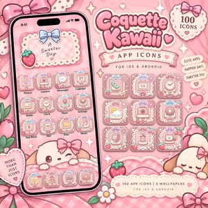 Może przedstawiać: Cyfrowy zestaw 100 ikon aplikacji Coquette Kawaii na iOS i Androida w różowej palecie kolorów z wzorami w kratkę, kokardkami, truskawkami i szczeniakami. Ekran przedstawia smartfon ze spersonalizowanymi ikonami i widżetami.