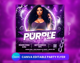 Könnte beinhalten: Lilafarbener Party-Flyer mit einer Frau in einem lila Oberteil und einem Kettenglied-Design. Der Flyer lautet "Purple Night" und enthält das Datum und die Uhrzeit der Veranstaltung. Außerdem steht dort "Damen frei - Freie Getränke die ganze Nacht - Eintritt 20 €".