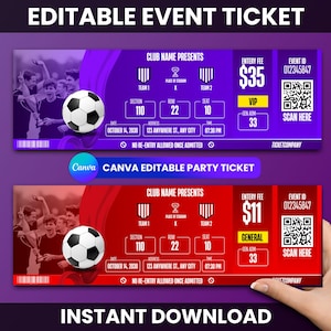 Bearbeitbares Fußballticket Canva-Vorlage, druckbarer VIP-Pass für Sportveranstaltungen, benutzerdefinierte Spieleinladung, digitaler Download