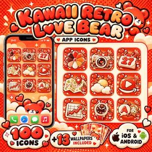 May include: A digital set of Kawaii Retro Love Bear app icons featuring a red and orange color palette with heart motifs. The collection includes 100 icons and 13 wallpapers for iOS and Android, displayed on a smartphone screen and as a grid.