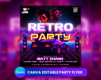 Retrowave Party Flyer Template, Retro Event, Canva Editable (Digital Download)