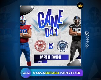 Könnte beinhalten: Digitaler Flyer für ein Footballspiel mit dem Schriftzug "GAME DAY" in großen Buchstaben. Er enthält Teamlogos, Spielerillustrationen und die Uhrzeit "07 PM CT | TONIGHT". Das Design verwendet ein blaues und weißes Farbschema.