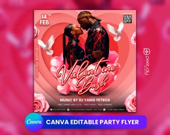 May include: A Valentine's Day party flyer with a couple kissing in front of a pink heart background. The flyer says "Valentine Bash" and includes the date "14th Feb".