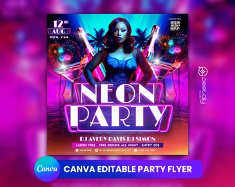 Retrowave Party Flyer, Neon Design, Editable Canva Template (Digital Download)