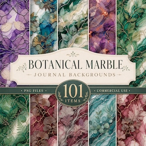 May include: A collection of 101 digital journal backgrounds featuring botanical marble patterns with swirling ink textures in shades of purple, green, teal, and burgundy, overlaid with intricate gold leaf foliage and the text BOTANICAL MARBLE.