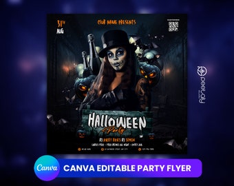 Plantilla editable para folletos de fiesta de Halloween y redes sociales (Canva)