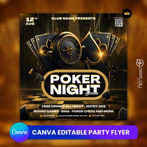 Folheto de festa de noite de pôquer, anúncio de festa de mídia social editável, convite de festa de noite de pôquer, modelo de canva, panfleto de canva de noite de pôquer