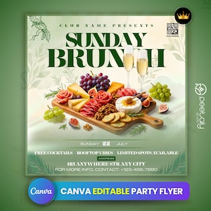 May include: A flyer for a Sunday brunch event, featuring a wooden serving board with cheese, grapes, figs, and other appetizers. The text "SUNDAY BRUNCH" is prominently displayed, along with event details and the Canva logo.