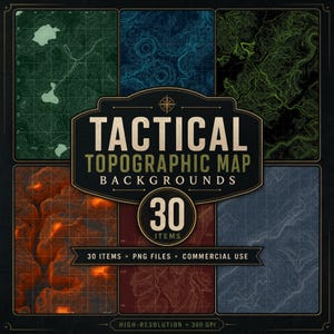 Puede incluir: Una colección de 30 fondos de mapas topográficos tácticos en formato PNG. La imagen muestra varios mapas de terreno basados en cuadrículas en tonos verde, azul, naranja y rojo oscuro, con el texto TACTICAL TOPOGRAPHIC MAP BACKGROUNDS.