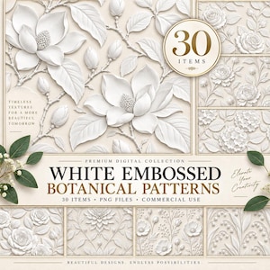 30 Embossed Ivory Floral Journal Backgrounds, 3D Carved Rose Printable Pages, Bas Relief Scrapbook, Digital Download (PNG, 300 DPI)