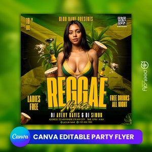 Editable Reggae Club Flyer Template For Canva, DIY Event Flyer, Party Flyer, Jamaican Flyer, DJ Party Invite for Social Media, Instagram