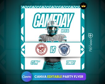 Könnte beinhalten: Ein editierbarer Canva-Party-Flyer in Türkis und Weiß mit dem Text "GAMEDAY" und "WEEK 04". Der Flyer zeigt einen Footballspieler und Teamlogos für die American Eagles und American Bears. Die Zeit ist heute Abend 19 Uhr.