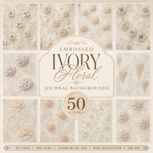 50 Embossed Ivory Floral Journal Backgrounds, 3D Carved Rose Printable Pages, Bas Relief Scrapbook, Digital Download (PNG, 300 DPI)
