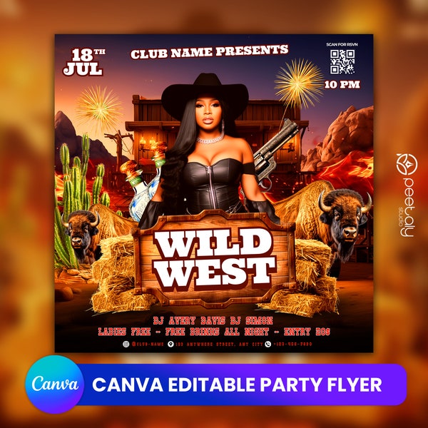 Western Party Flyer, Social Media Pool Party Announcement Editable Summer Pool Invitation, DIY Canva Template, Birthday Western Party Canva