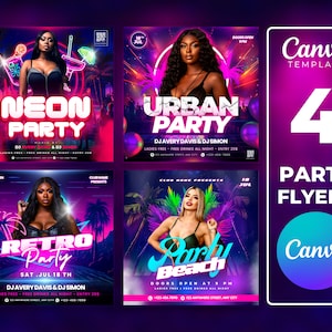 Pode incluir: Quatro modelos de panfletos de festa coloridos com acentos de néon. Cada panfleto apresenta uma mulher em uma pose diferente e um tema de festa diferente: Neon Party, Urban Party, Retro Party e Party Beach. Os panfletos incluem texto como "DJ Avery Davis & DJ Simon", "Entrada gratuita para mulheres - Bebidas grátis durante toda a noite - Entrada 20$