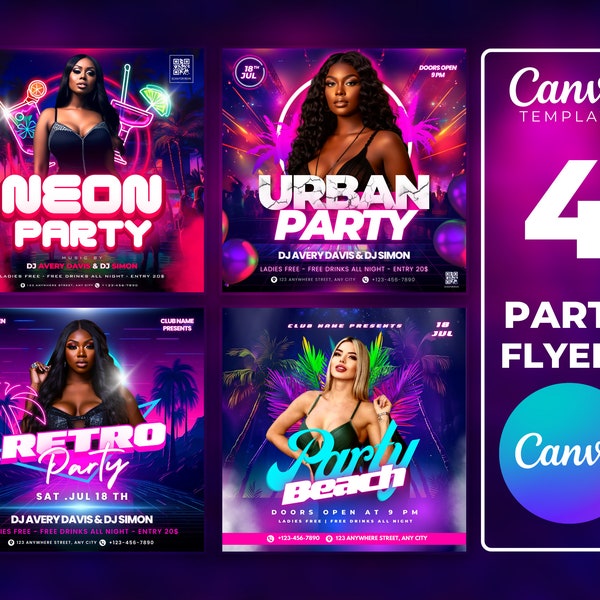 BUNDLE 4 Editable Party Club Flyer Templates For Canva, DIY Event Flyer, Party Flyer, DJ Party Invite for Social Media, Instagram