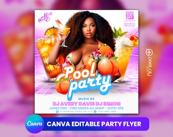 May include: A colorful party flyer with a woman in a floral swimsuit, a pool, and cocktails. The flyer says "Pool Party" and includes the date, time, and location of the event. It also says "Music by DJ Avery Davis DJ Simon" and "Ladies Free - Free Drinks All Night - Entry $20".