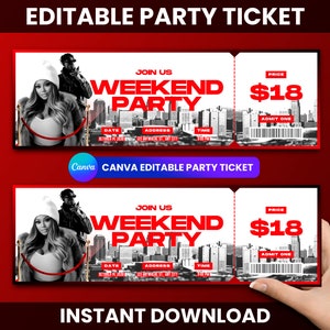 Bearbeitbare Party Ticket Canva Vorlage, druckbare Ereigniskarte, benutzerdefinierte Party-Einladung, Konzertkarte Digitaler Download