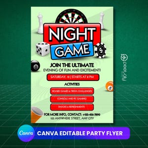 Volantino per festa di notte di gioco, annuncio di festa sui social media Invito per festa di notte di gioco modificabile, modello fai da te Canva, volantino per festa di notte di gioco Canva