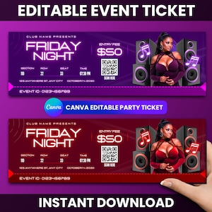 Bearbeitbare Party Ticket Canva Vorlage, druckbare Ereigniskarte, benutzerdefinierte Party-Einladung, Konzertkarte Digitaler Download