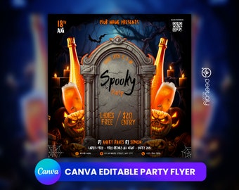 Plantilla editable para folletos de fiesta de Halloween y redes sociales (Canva)
