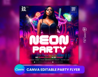 Retrowave Neon Party Flyer Template, Editable DJ Invite (Digital Download)