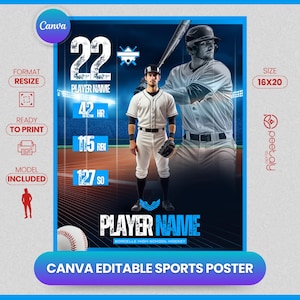 Może przedstawiać: Edytowalny plakat sportowy Canva z motywem baseballu. Plakat przedstawia gracza w baseball w białym mundurze, piłkę do baseballu oraz tekst "PLAYER NAME" i "BORCELLE HIGH SCHOOL HOCKEY". Plakat ma wymiary 40,64 x 50,8 cm.