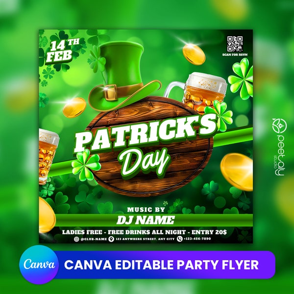 Patrick's Day Party Flyer, Social Media Patrick's Day Invitation Editable Patrick's Day Invitation, DIY Canva Template, Patrick's Day Canva