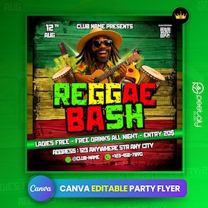Editable Reggae Club Flyer Template For Canva, DIY Event Flyer, Party Flyer, Jamaican Flyer, DJ Party Invite for Social Media, Instagram