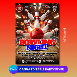 May include: A red and blue bowling night flyer with a bowling ball and pins. The flyer includes the text "Bowling Night" and details about the event, including the time, date, and location.