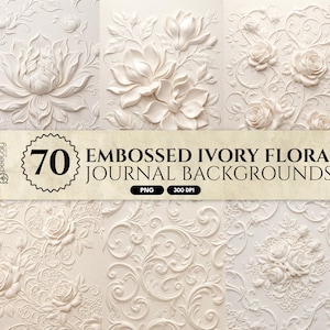 Puede incluir: Una colección de 70 fondos de diario florales de color marfil con diseños en relieve de rosas, lirios y patrones de volutas intrincados. El texto en la imagen dice 70 EMBOSSED IVORY FLORAL JOURNAL BACKGROUNDS, PNG y 300 DPI.