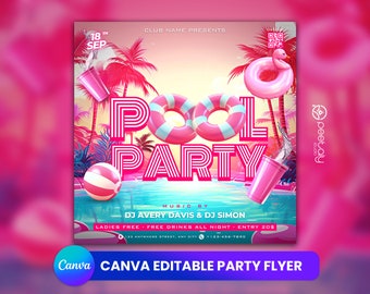Folleto de fiesta en la piscina, anuncio de fiesta en la piscina en las redes sociales Invitación editable a la piscina de verano, plantilla DIY Canva, fiesta de cumpleaños piscina verano Canva