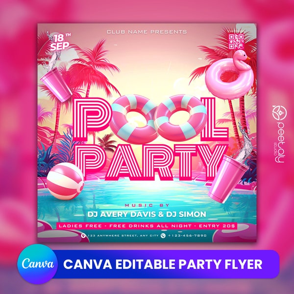 Pool Party Flyer, Social Media Pool Party Announcement Editable Summer Pool Invitation, DIY Canva Template, Birthday Party Pool Summer Canva