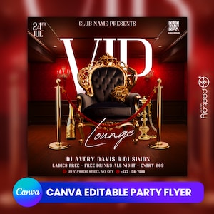 Puede incluir: Un folleto de fiesta VIP rojo y dorado con un trono dorado, una botella de champán y una pipa de agua. El folleto incluye el texto "VIP Lounge", "DJ Avery Davis & DJ Simon", "Entrada gratuita para mujeres - Bebidas gratis toda la noche - Entrada 208", y "123 Anywhere Street, Any City - 123-456-7890".