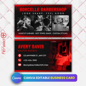 May include: A business card design for a barbershop. The top section features the name "BORCELLE BARBERSHOP" in red, with images of haircuts and text that reads "LOOK SHARP. FEEL GOOD." The bottom section displays contact information for "AVERY DAVIS, MASTER BARBER."